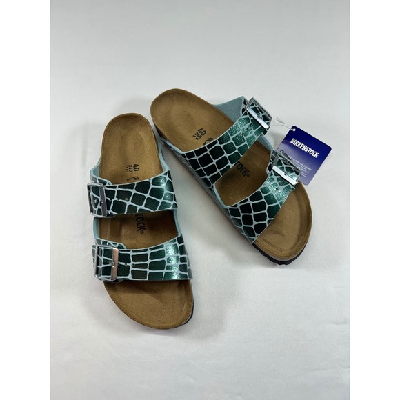 Birkenstock Shoes - Birkenstock Arizona Green Metallic Crocodile Embossed Sandals Women 40 L9 M7 NEW